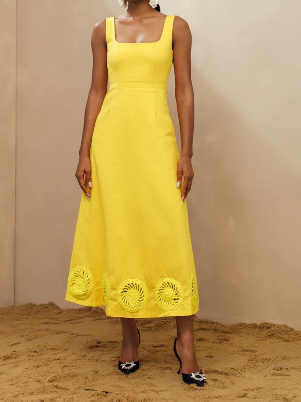 Elexiay Kwara midi yellow sundress w/ crochet trim; NWT, Small